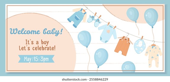 Horizontal banner design with tender baby boy clothes. Gender reveal party banner with blue balloons and infant accessories. Ideal for baby shower invitations, cards and party decor Festive vector