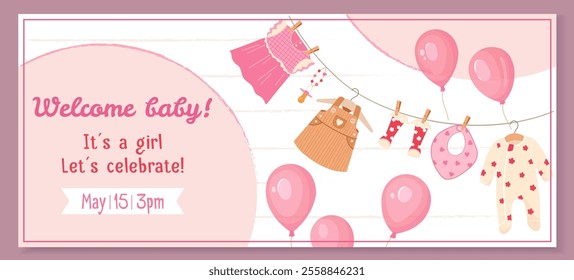 Horizontal banner design with tender baby girl clothes. Gender reveal party banner with pink balloons and infant accessories. Ideal for baby shower invitations, cards and party decor Festive vector