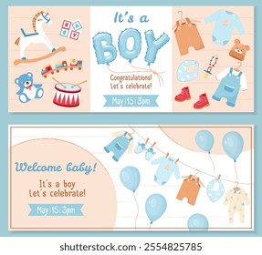 Horizontal banner design with toys, teddy bear, clothes. Gender reveal party banner element 'BOY' blue helium balloons. Ideal for baby shower invitations, cards and party decor Festive vector design