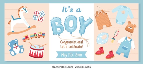 Horizontal banner design with toys, teddy bear, clothes. Gender reveal party banner element 'BOY' blue helium balloons. Ideal for baby shower invitations, cards and party decor Festive vector design