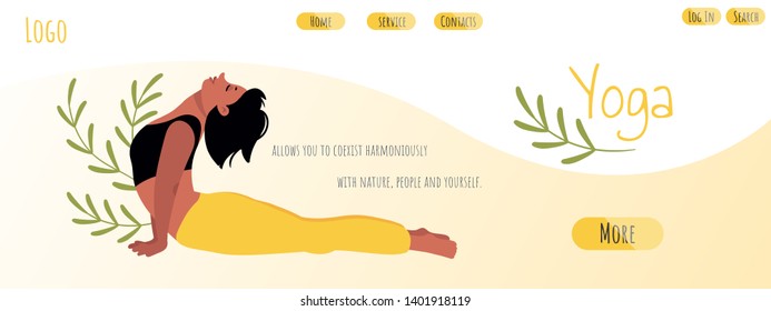 Horizontal banner design for the website: young beautiful healthy girl demonstrates yoga pose, performs physical exercises. Colorful vector template in cartoon style.