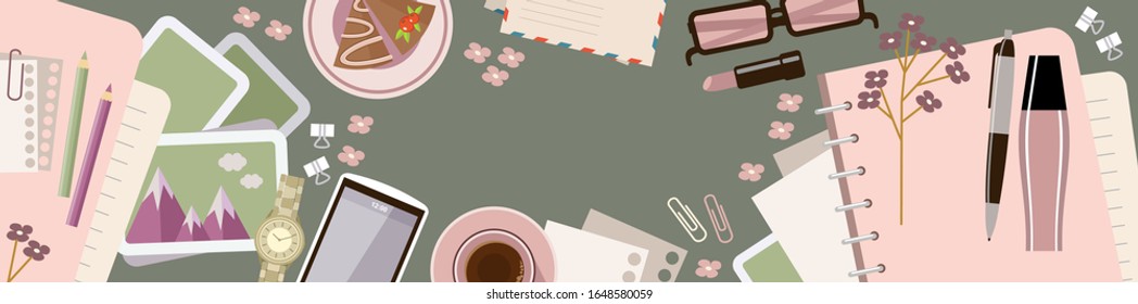 Horizontal banner with diary on the table. Women's glamorous things. Stylish workplace. Vector flat illustration