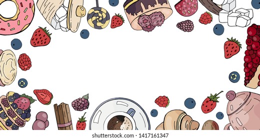 Horizontal banner with different cakes, coffee, friut and berries isolated on white background for cafe menu. Hand drawn sweet and coffee elements.