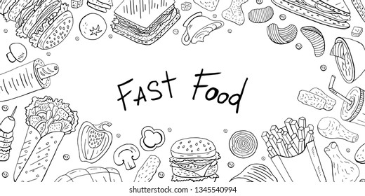 Horizontal banner with different fast food elements on white background for cafe menu