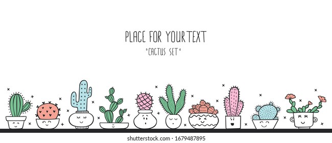Horizontal banner with different hand-drawn cacti in pots. Vector doodle illustration with place for text.  Eps 10
