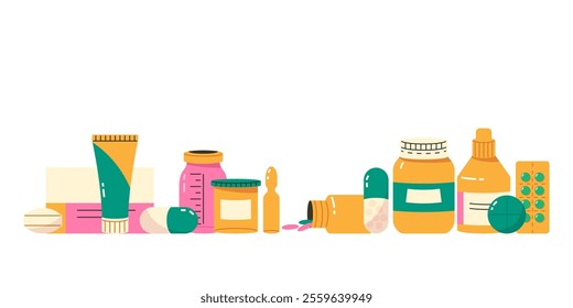 Horizontal banner with different medical products, pills, jars