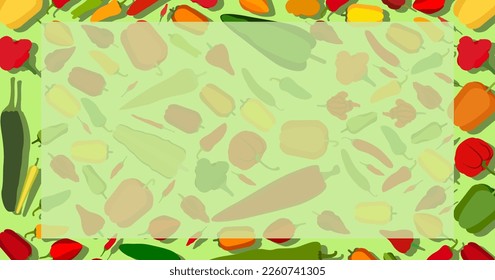 Horizontal banner with different types of pepper. Sweet, mild and medium hot, super hot peppers. Vegetables. Flat style. Vector illustration isolated on green background. Template.