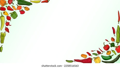 Horizontal banner with different types of peppers. Sweet peppers. Mild, medium hot, super hot Chili peppers. Vegetables. Cartoon style. Vector illustration isolated on white background. Template.