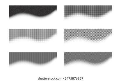 Horizontal banner with different variations of halftone dots. Noise gradient bundle stipple pattern