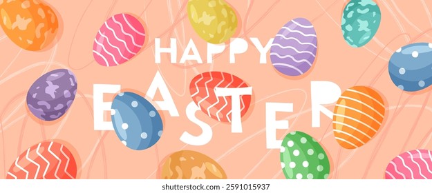 Horizontal banner with Easter colorful eggs and children's doodles. Happy Easter, greeting background for websites, advertising, discounts, invitations