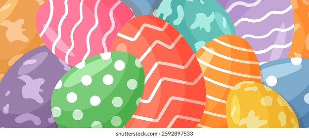 Horizontal banner with Easter colorful eggs. Playful Easter, background for websites, advertising, invitations, sale