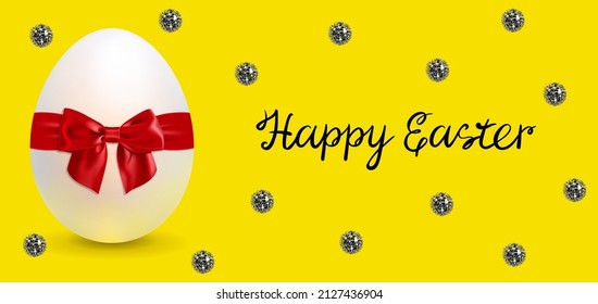 horizontal banner with an Easter egg and sparkling sequins on a yellow background