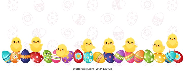 Horizontal banner with Easter painted eggs and chickens. Easter background with space for text. Egg hunt. Vector illustration.