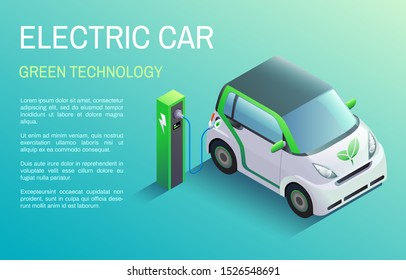 Horizontal banner with electric car at charging station. Vector illustration in isometric style