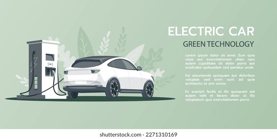 Horizontal banner with an electric car at a charging station.The concept of charging an electric car.