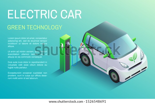 Horizontal banner with electric car at\
charging station. Vector illustration in isometric\
style
