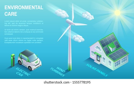 Horizontal banner with an electric car, wind turbine and  eco house with solar panels on a roof. Vector illustration of environmental care technologies in isometric style