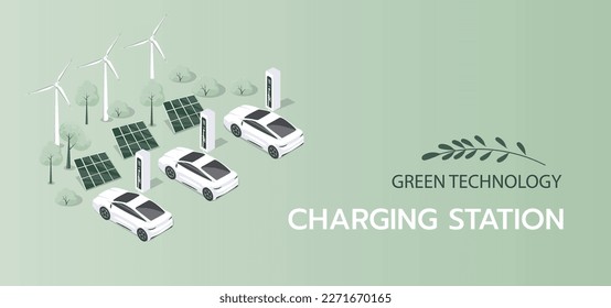 Horizontal banner with electric cars at charging stations and with solar pannels and windmill.The concept of charging an electric cars. Isolated vector illustration electric vehicle.