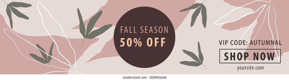 Horizontal banner with elegant autumn design. Flower leaf, geometric shapes and 50% off discount text. Warm, terracotta, green and pink make-up colors. Suitable for fashion webs, apps and social media