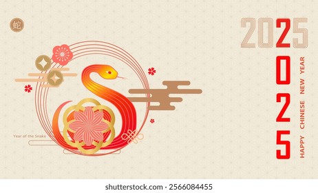 Horizontal banner with elements of Chinese New Year of the Snake. Traditional patterns, stylized snake. Translated from Chinese - Happy New Year