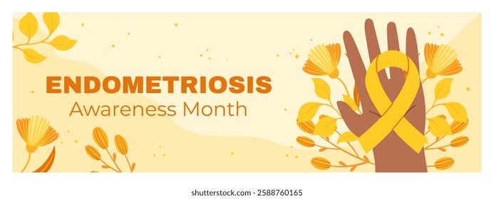 Horizontal Banner for Endometriosis Awareness Month with Yellow Ribbon, Raised Hand, and Floral Decoration for March Health Campaign