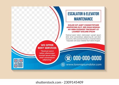 Horizontal Banner for escalator and elevator maintenance, creative concept for advertising, template for posting photos and text. Modern design with white background. blue gradient and red elements.