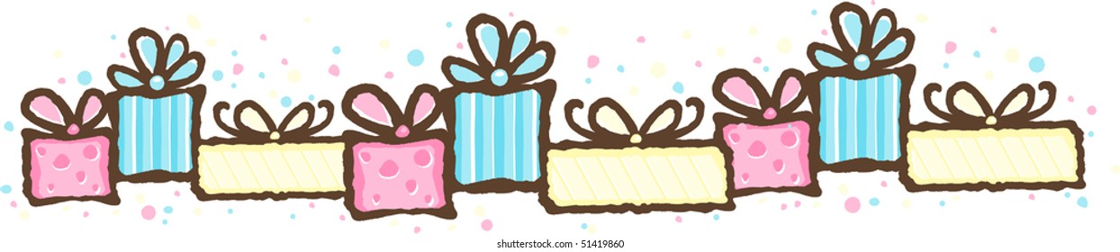 horizontal banner featuring colorful packages and confetti