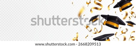 Horizontal banner featuring graduation caps (toga hats) being tossed into the air with golden foil confetti, symbolizing celebration and achievement. Perfect for graduation party invitations, school