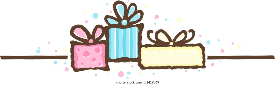 horizontal banner featuring three colorful packages and confetti