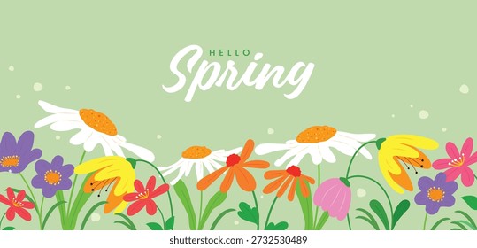 Anuncio Horizontal con un borde vibrante de flores de primavera dibujadas a mano como margaritas y lirios sobre un fondo verde suave en un estilo de Vector plano.
