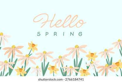 Horizontal banner featuring a vibrant border of hand-drawn spring flowers like daisies and on a soft blue background in a flat vector style.