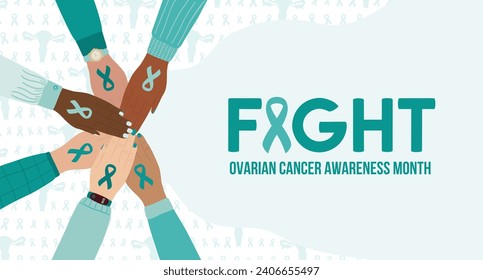 Pancarta horizontal de manos femeninas apiladas junto con cintas de cáncer de cuello de útero. Mes de concientización sobre el cáncer de ovario y de cuello uterino. Afiche sobre la prevención del cáncer y la salud de la mujer. Ilustración vectorial dibujada a mano.