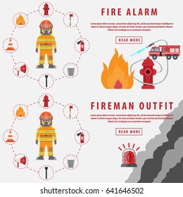 Horizontal banner with fire objects and firemen vector illustration flat

