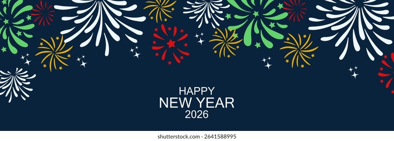 horizontal banner with fireworks on dark blue background and place for your text. Celebrating, new year 2026, independence day. Vector design for web, social media post, advertising, flyers, poster