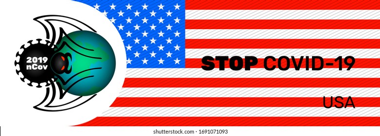Horizontal banner with the flag of America and the inscription Stop Covid-19. USA. Coronavirus Covid-19 in the form of a giant black spider attacks the globe. SARS Covid-19. Pandemic