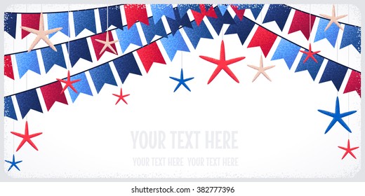 Horizontal banner with flags and starfishes. Retro vector illustration. Place for your text. Design for invitation, card, poster, flyer, gift certificate