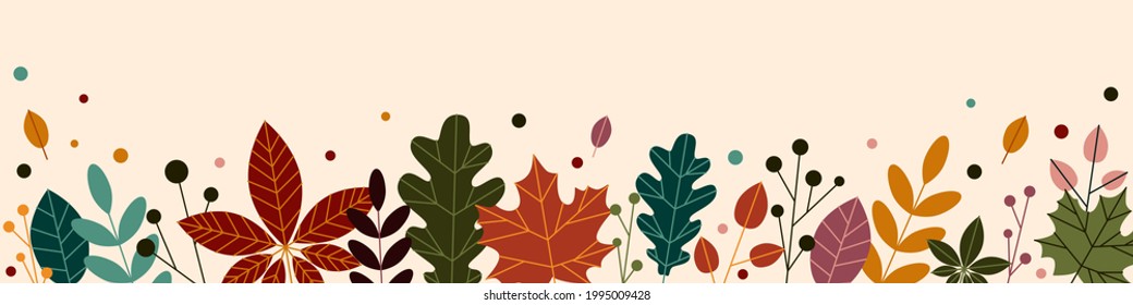 Horizontal banner, floral backdrop decorated with multicolored autumn leaves and plants. Fall botanical flat vector illustration on light background.