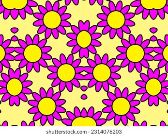 Horizontal banner or floral backdrop decorated with gorgeous multicolored blooming flowers and leaves border. Spring botanical flat vector illustration on white background.