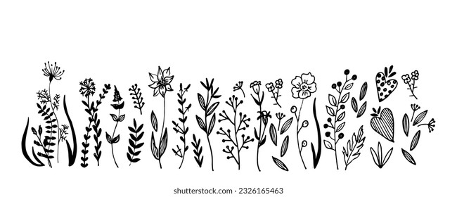 Horizontal  banner or floral backdrop decorated with gorgeous  blooming flowers and leaves border. Spring botanical flat vector illustration on white background
