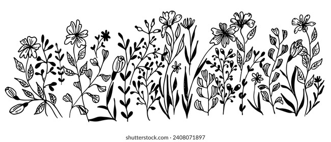 Horizontale Banner oder florale Kulisse mit wunderschönen Blumen und Blätterrahmen. Sommerbotanische DoodVektorgrafik auf weißem Hintergrund
