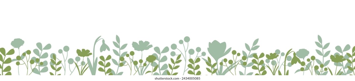 Horizontal banner or floral backdrop decorated with flowers and leaves border. Spring botanical flat vector illustration on white background