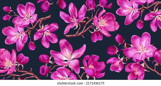 Horizontal Banner, Floral Background With Branches Of Pink Blooming Apple Trees, Sakura Trees. Spring Botanical Vector Illustration Realistic Flowers On Dark Background. Computer Desktop Wallpaper