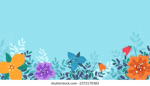 Horizontal banner, floral background with flowers and leaves.