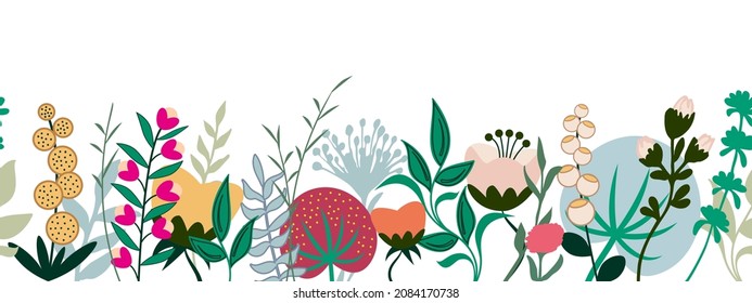 Horizontal banner with floral row, seamless pattern with artist different multicolored flowers, herbs and leaves. Botanical flat vector illustration isolated on white background.