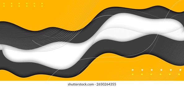 Faixa Horizontal com Formas Laranja-Amarelo e Cinza Escuro Fluindo, Camadas Brancas em Alto-relevo e Linhas SemiTransparentes, Apresentando Pequenos Pontos Amarelos para Profundidade, Textura e Movimento Visual 3D Moderno