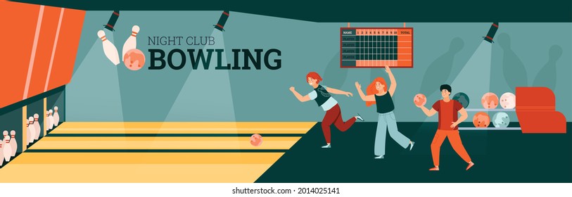 Horizontal banner or flyer background with people playing bowling, flat vector illustration. Bowling sport and entertainment game club advertising banner design.