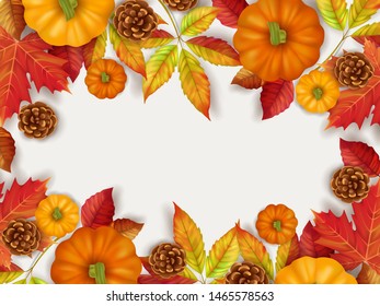 Horizontal banner flyer with pumpkins, leaves and fir cones on white background. Top view. Vector illustration for seasonal holiday greeting card design.