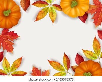 Horizontal banner flyer with pumpkins, leaves on white background. Top view. Vector illustration for seasonal holiday greeting card design.