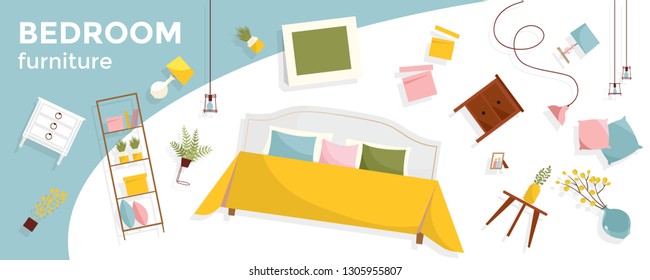 Horizontal banner with a lot of flying Bedroom furniture and text. Interior items - bed, nightstands, plants, pictures, pillows. Cozy floating elegant furniture. Flat cartoon style vector illustration