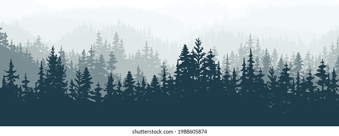 Horizontal banner of forest background, silhouettes of trees. Magical misty landscape, fog. Blue and gray illustration. Bookmark. 